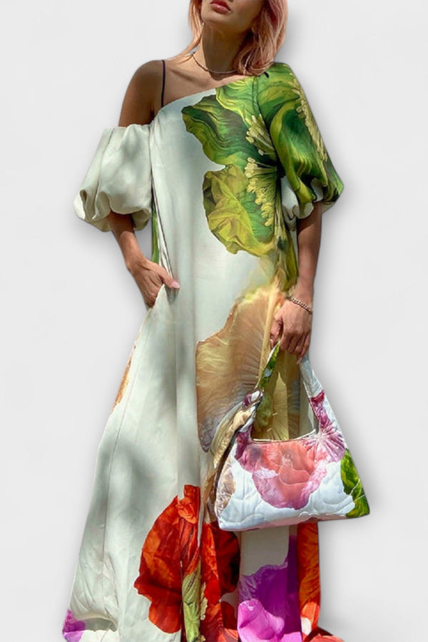 Skylar - Vestido maxi con estampado floral, escote asimétrico y mangas abullonadas