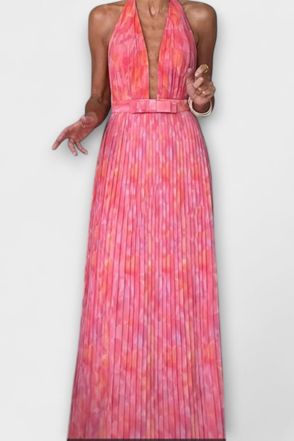 Seraphina - Elegante vestido de maxi plisado con escote en V y cuello halter