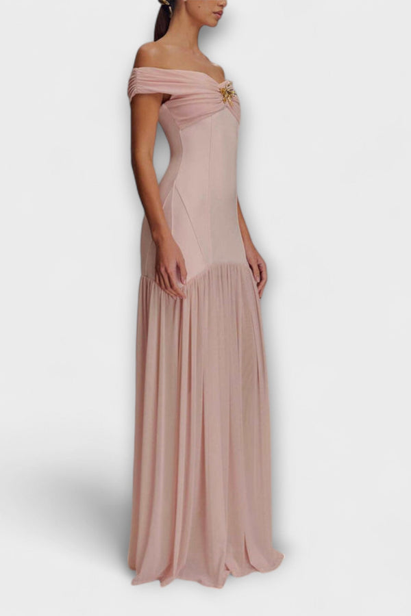 Maelie - Elegante vestido maxi ajustado sin tirantes con adornos florales
