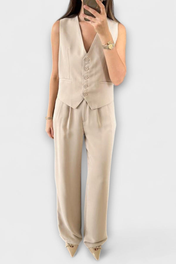 Hazel - Conjunto de dos piezas de chaleco y pantalones de color sólido con escote en V