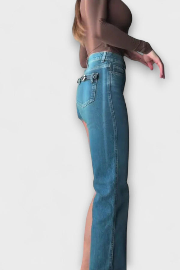 Astra - Pantalones cortos de denim asimétricos y a la moda con un tirante