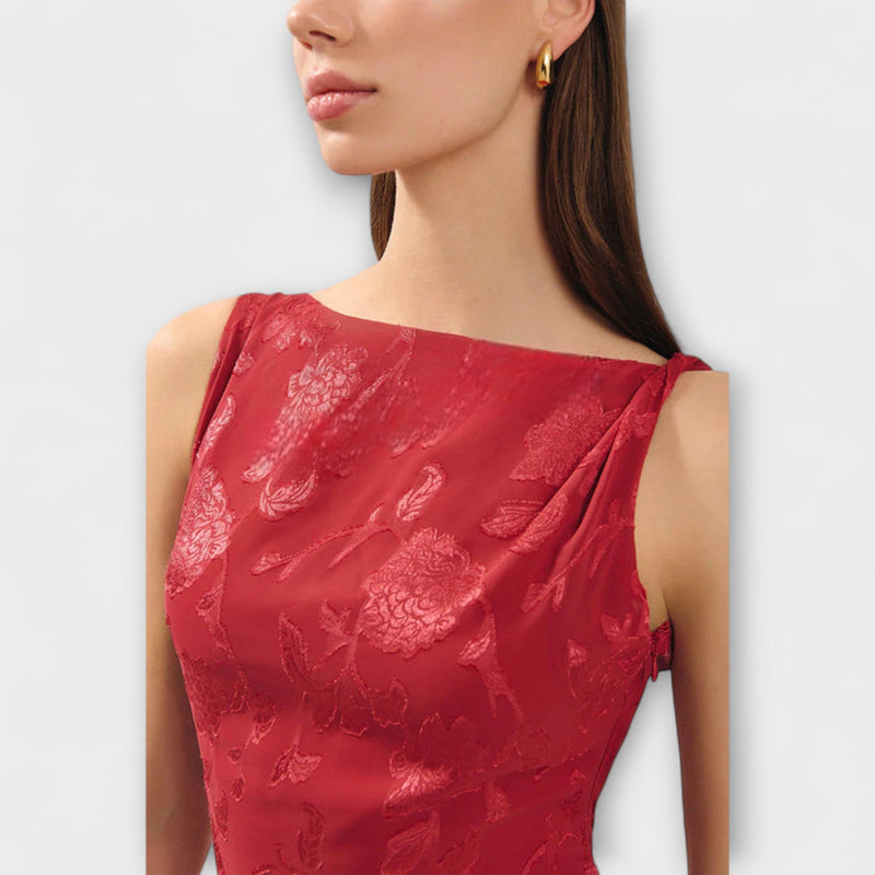Ópalo - Elegante vestido maxi de jacquard con espalda descubierta
