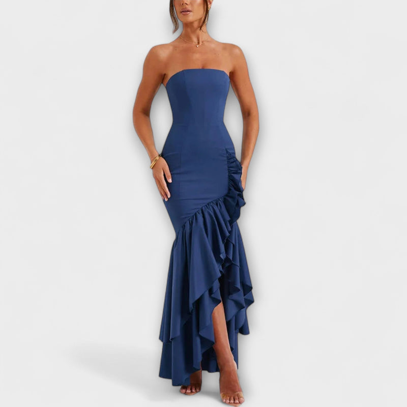 Zuri - Vestido Maxivestido Ajustado con Hombros Descubiertos y Dobladillo Asimétrico