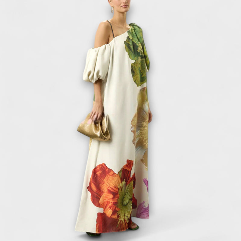 Skylar - Vestido maxi con estampado floral, escote asimétrico y mangas abullonadas