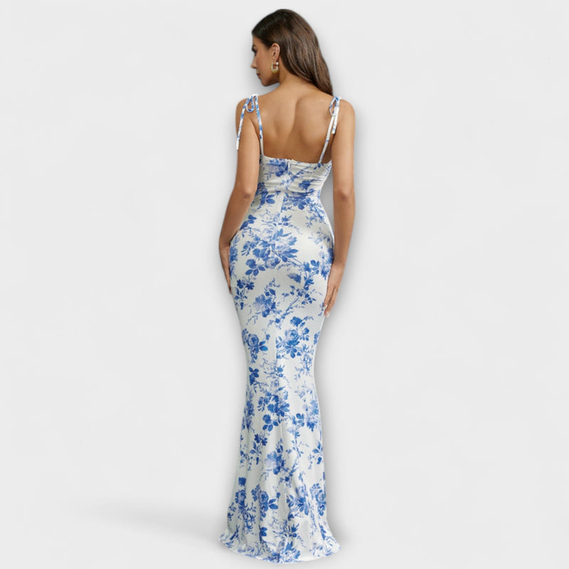 Thalia - Vestido de Prom con Estampado Floral y Tirantes Atados