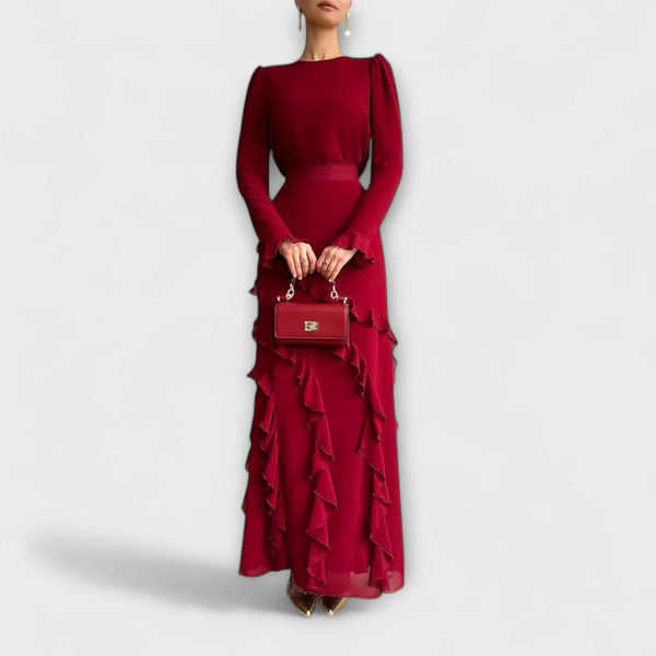 Fallon - Vestido largo de corte slim fit con volantes tridimensionales