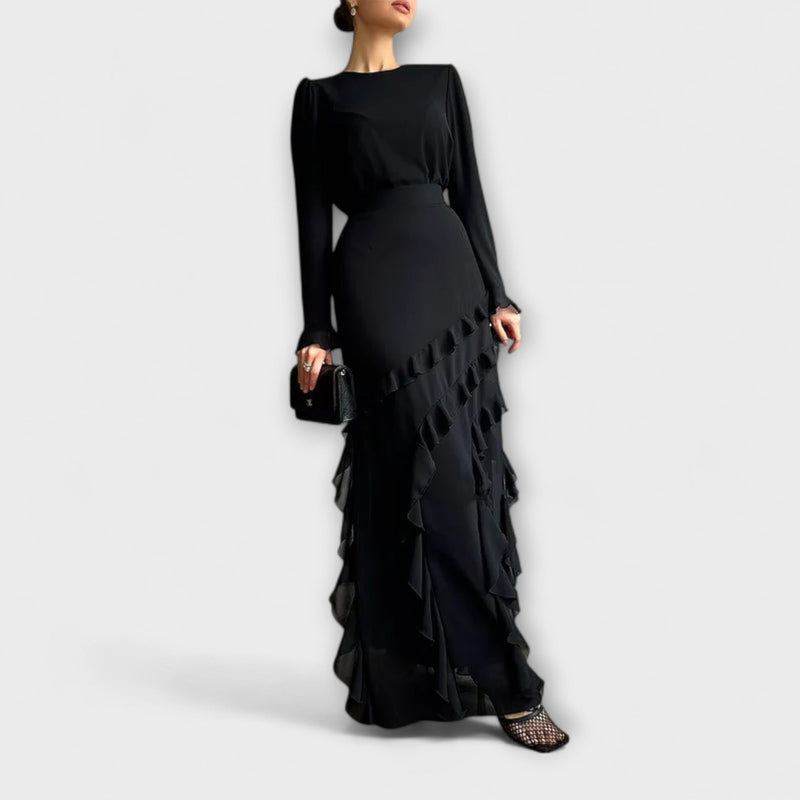 Fallon - Vestido largo de corte slim fit con volantes tridimensionales
