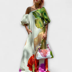 Skylar - Vestido maxi con estampado floral, escote asimétrico y mangas abullonadas
