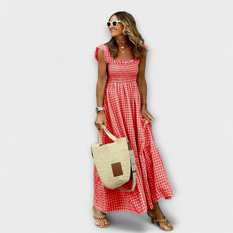 Vestido maxi a cuadros con mangas de volantes
