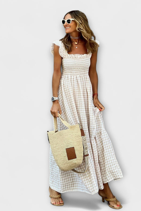 Vestido maxi a cuadros con mangas de volantes