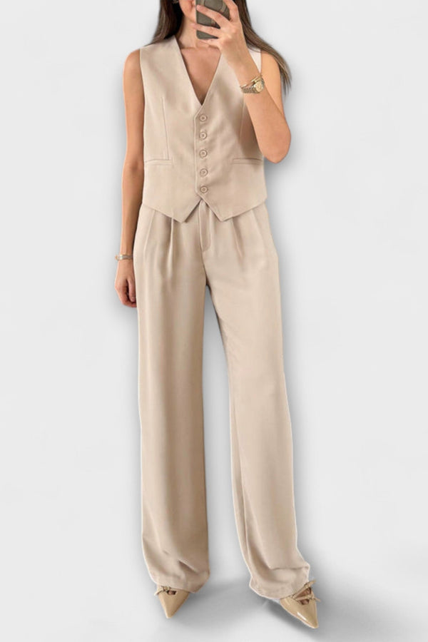 Hazel - Conjunto de dos piezas de chaleco y pantalones de color sólido con escote en V
