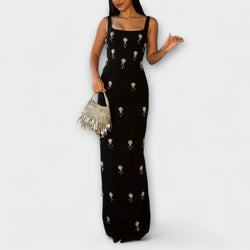 Avalon - Conjunto de top y falda con cremallera de perlas negras