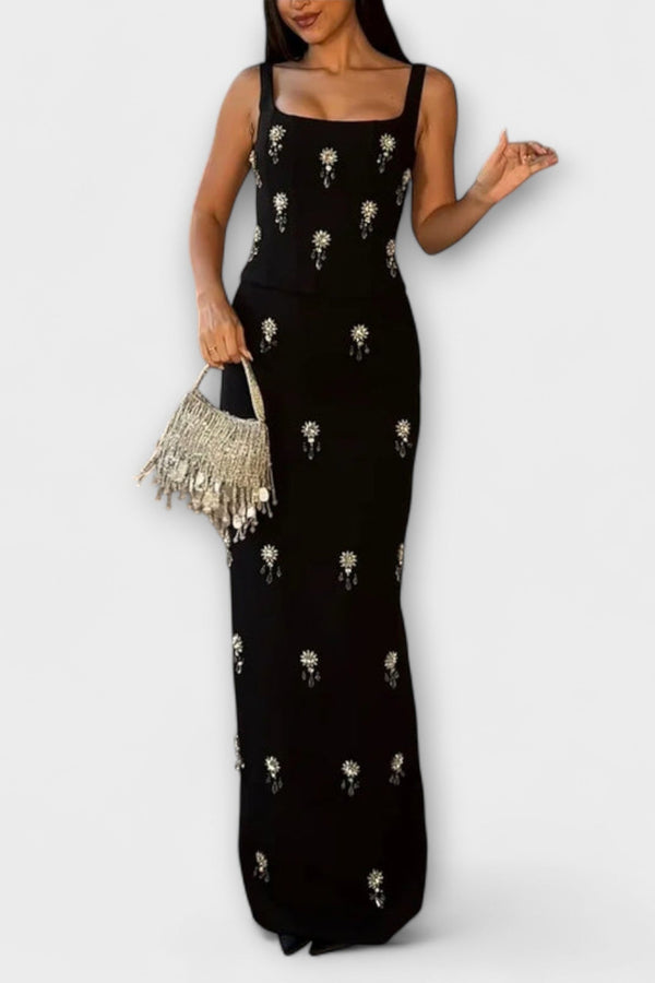 Avalon - Conjunto de top y falda con cremallera de perlas negras