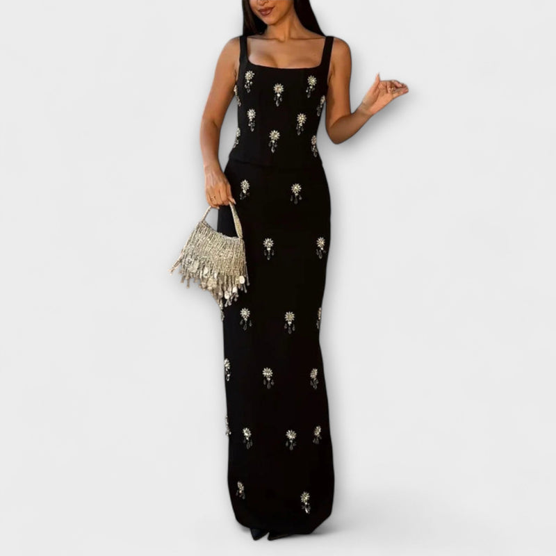 Avalon - Conjunto de top y falda con cremallera de perlas negras