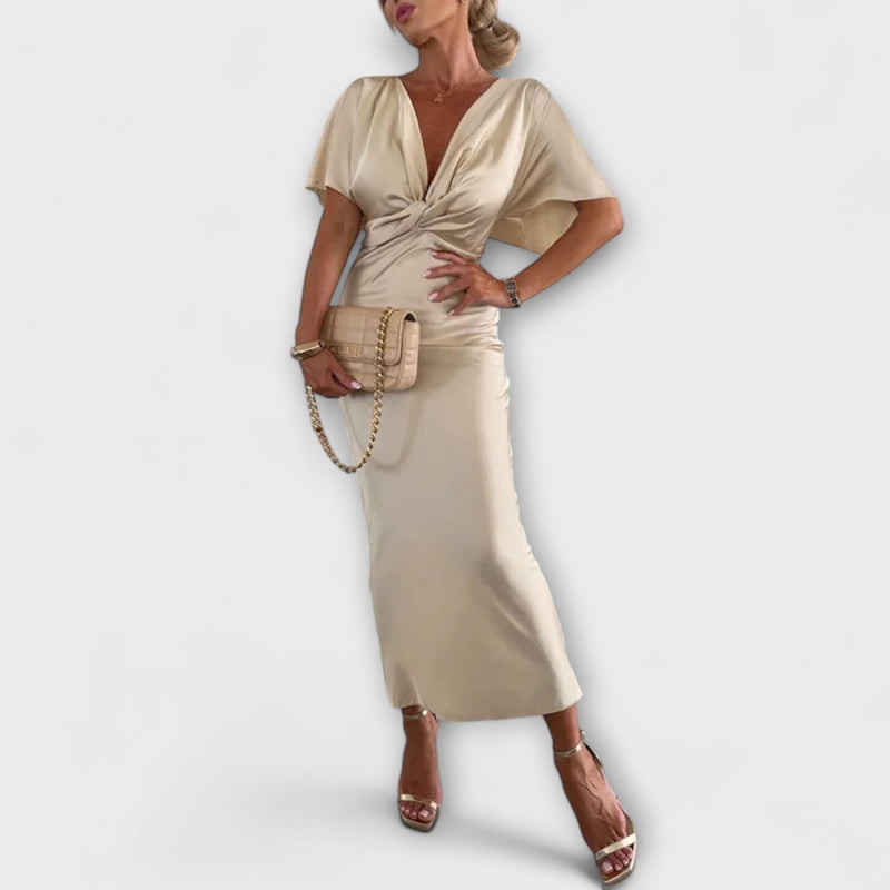 Sable - Vestido Maxi Slim Fit de Satén con Escote en V y Nudo Cruzado