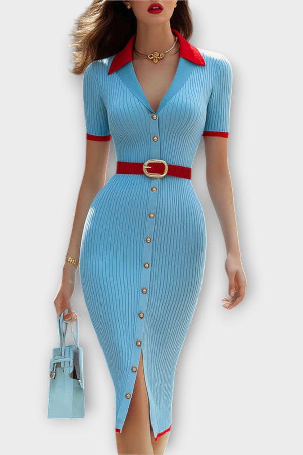Sina - Elegante vestido de lápiz de canalé azul bebé