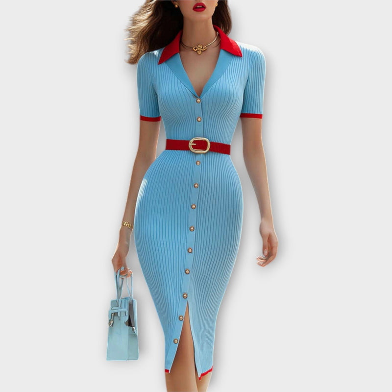 Sina - Elegante vestido de lápiz de canalé azul bebé