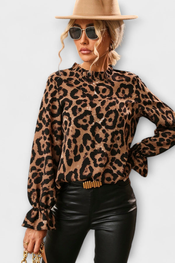 Kayla - Blusa de leopardo con cuello plisado