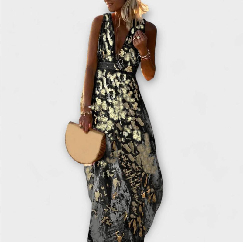 Vestido fluido con escote en V y detalles de lentejuelas