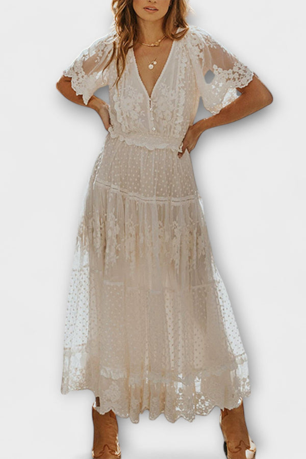 Vestido Midi Lacey con escote en V y mangas cortas
