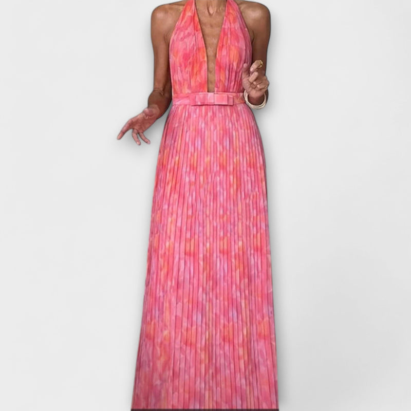 Seraphina - Elegante vestido de maxi plisado con escote en V y cuello halter