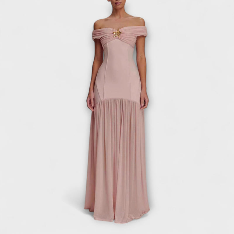 Maelie - Elegante vestido maxi ajustado sin tirantes con adornos florales