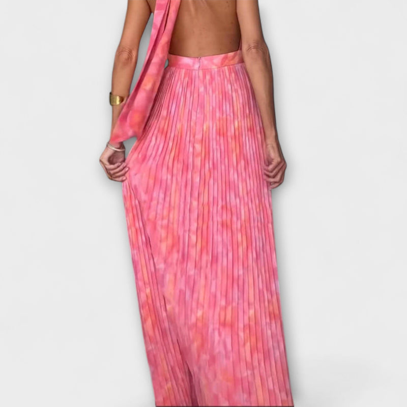 Seraphina - Elegante vestido de maxi plisado con escote en V y cuello halter