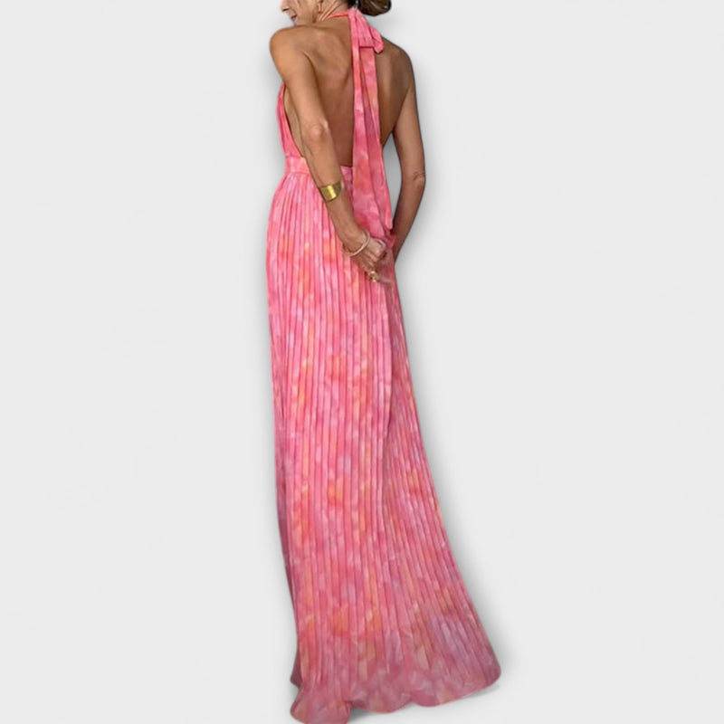 Seraphina - Elegante vestido de maxi plisado con escote en V y cuello halter