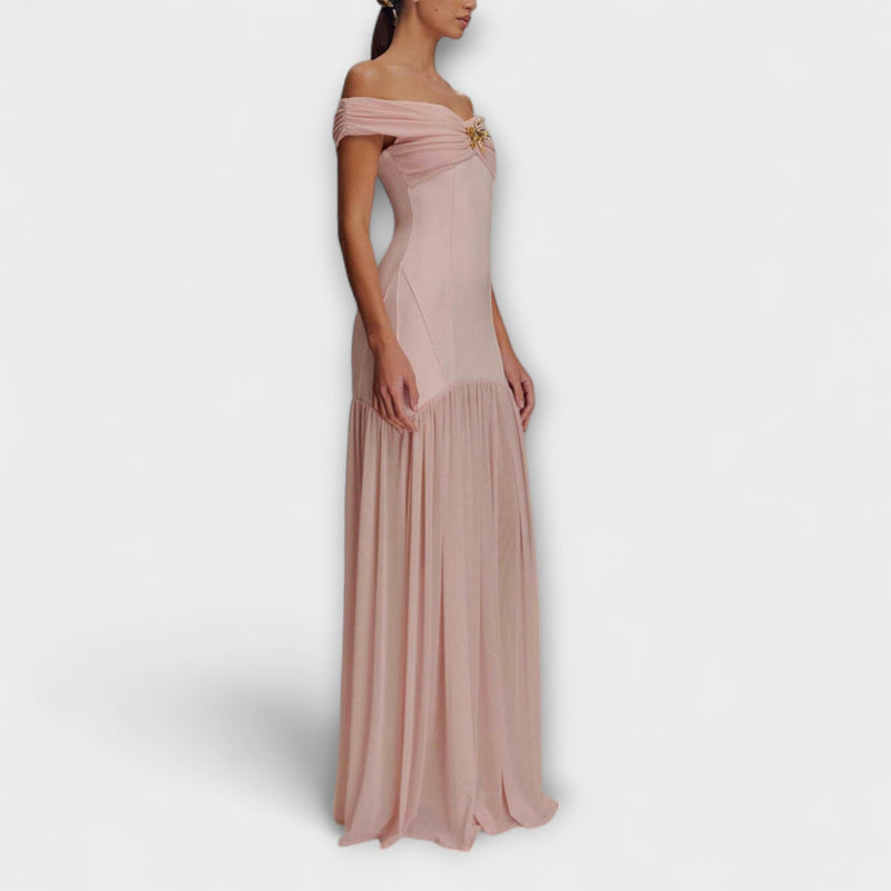 Maelie - Elegante vestido maxi ajustado sin tirantes con adornos florales
