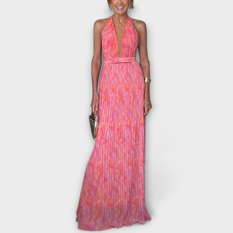Seraphina - Elegante vestido de maxi plisado con escote en V y cuello halter