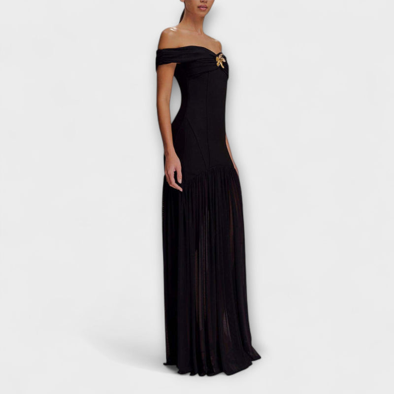 Maelie - Elegante vestido maxi ajustado sin tirantes con adornos florales