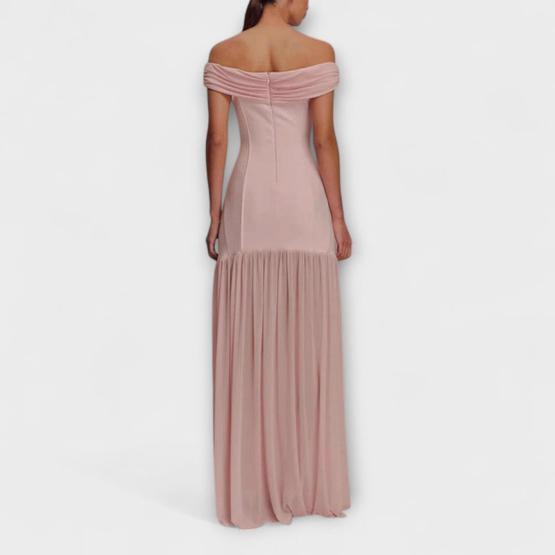 Maelie - Elegante vestido maxi ajustado sin tirantes con adornos florales