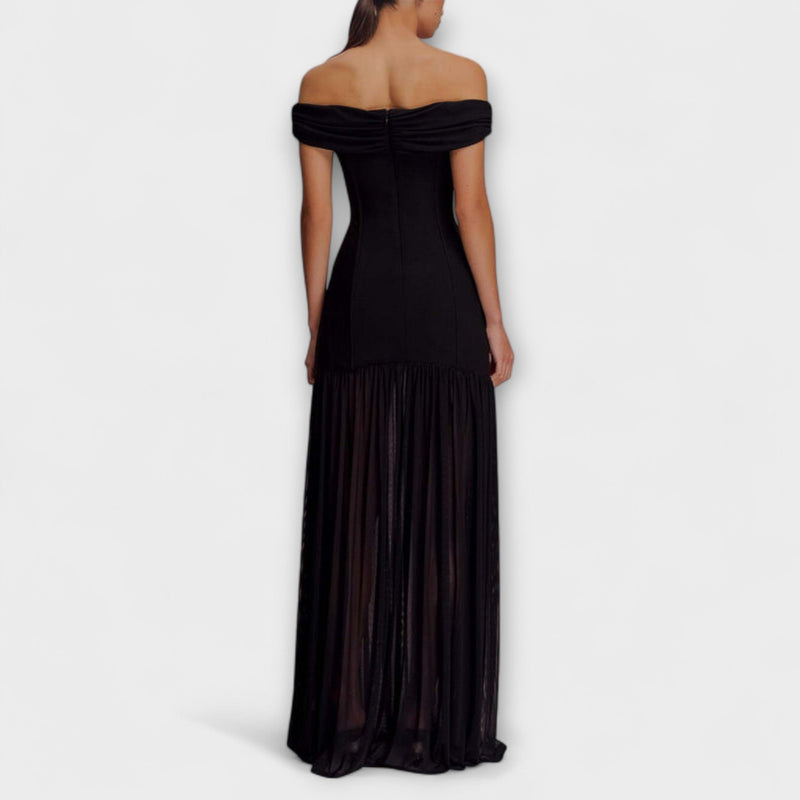 Maelie - Elegante vestido maxi ajustado sin tirantes con adornos florales