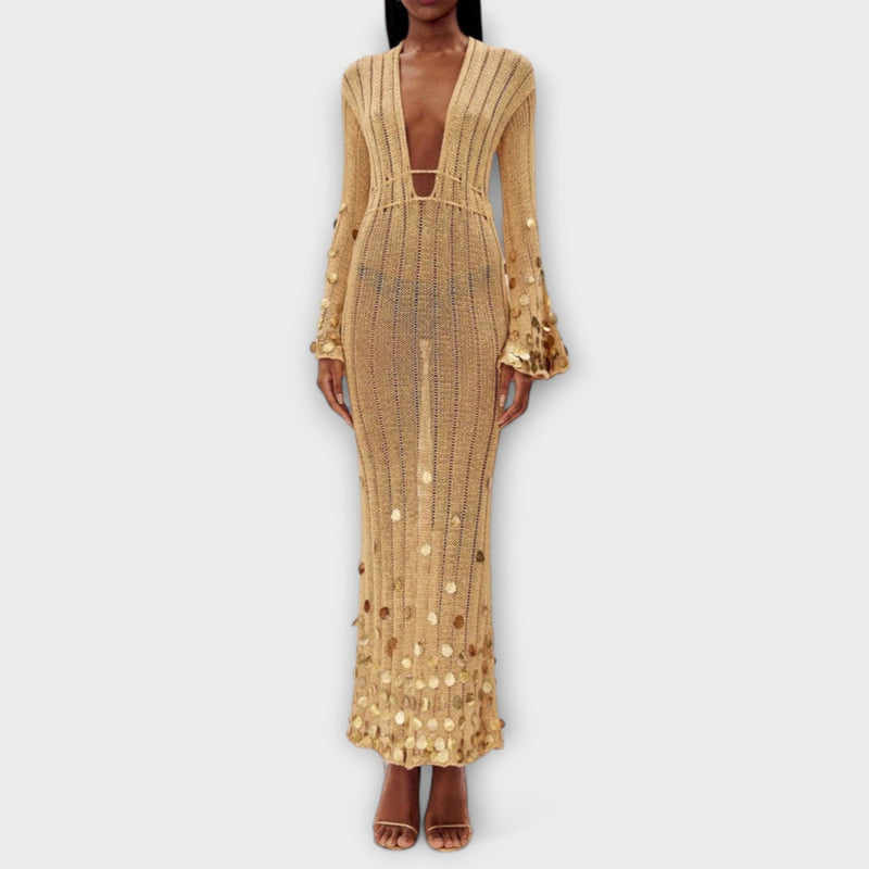 Kathleen - Vestido Maxi de Punto Dorado de Dolly