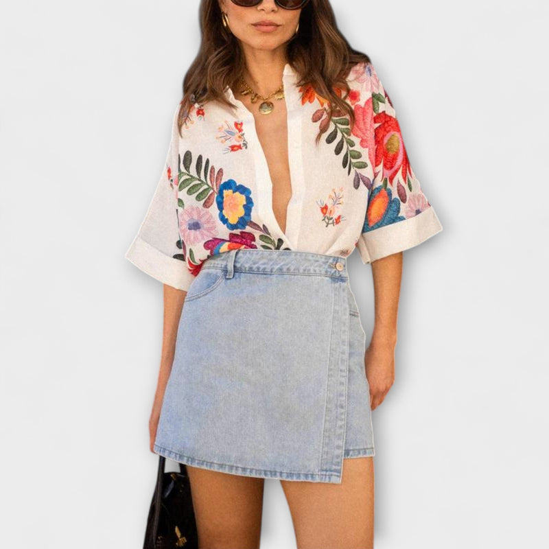 Ziva - Carla Camisa de Manga Corta con Estampado de Flores