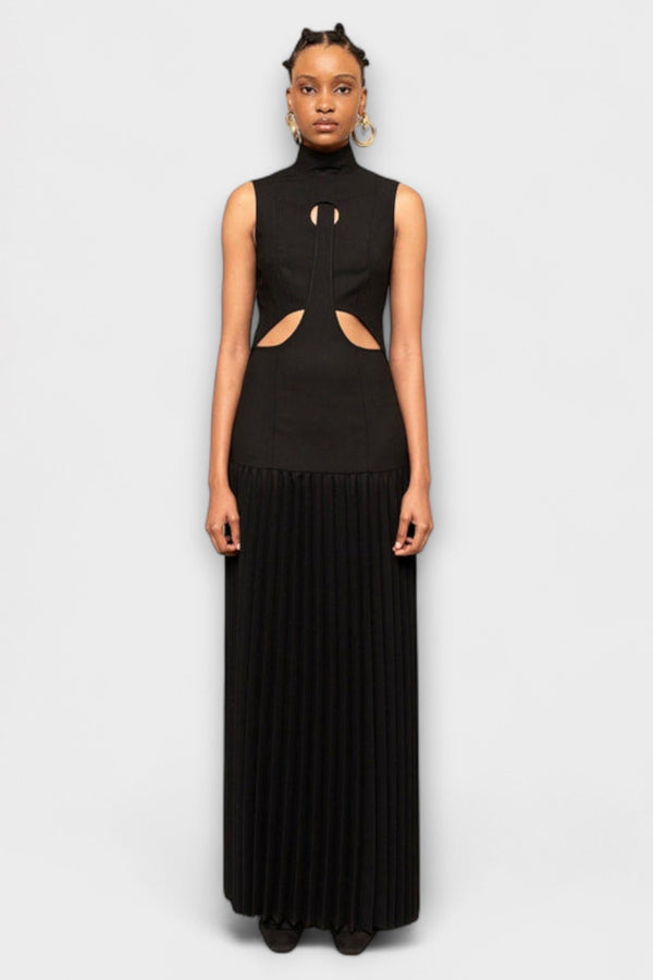 Kristen - Vestido maxi con pliegues y escotes