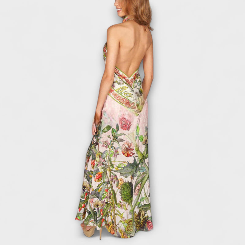 Ayla - Vestido Maxí Sin Mangas con Espalda Abierta de Flores