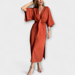 Holly - Vestido casual de corte en V de algodón-lino con cordones