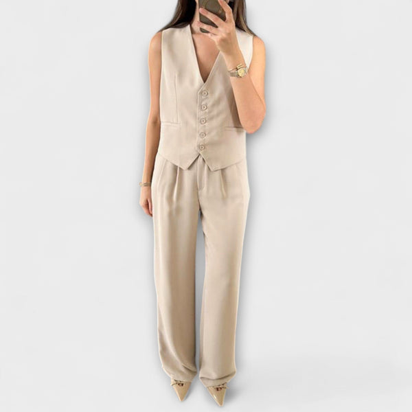 Hazel - Conjunto de dos piezas de chaleco y pantalones de color sólido con escote en V