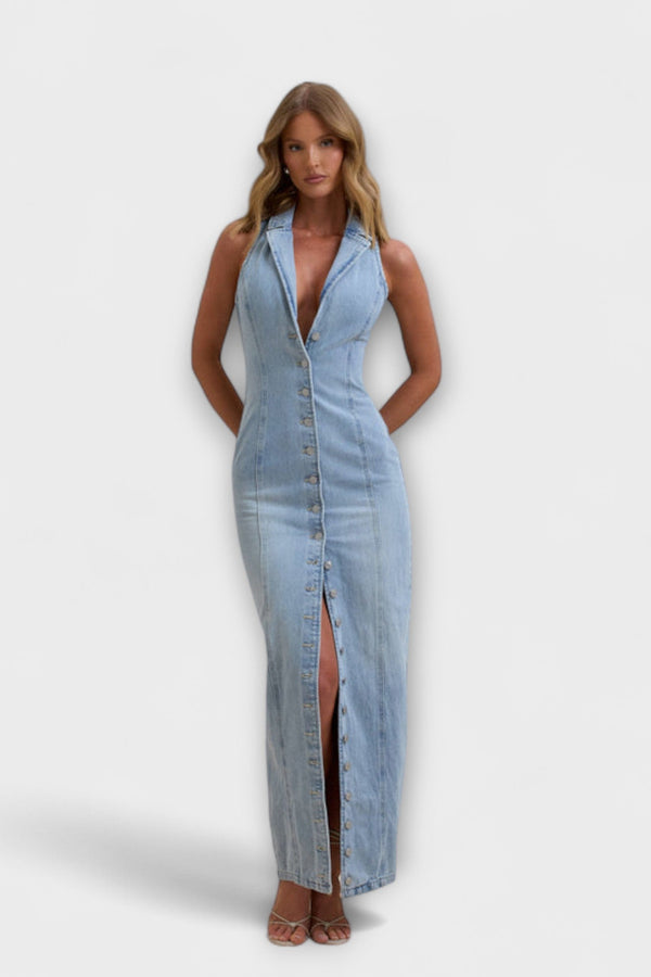Lacey - Vestido Maxí de Mezclilla Lavado Medio