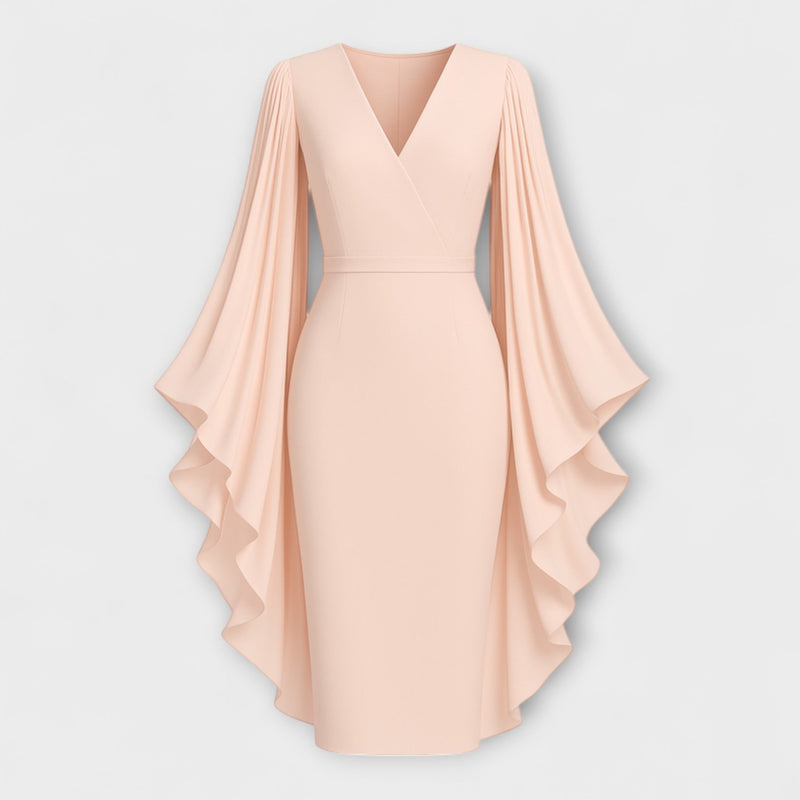 Rachel - Vestido midi color rosa con escote en V y mangas de gasa
