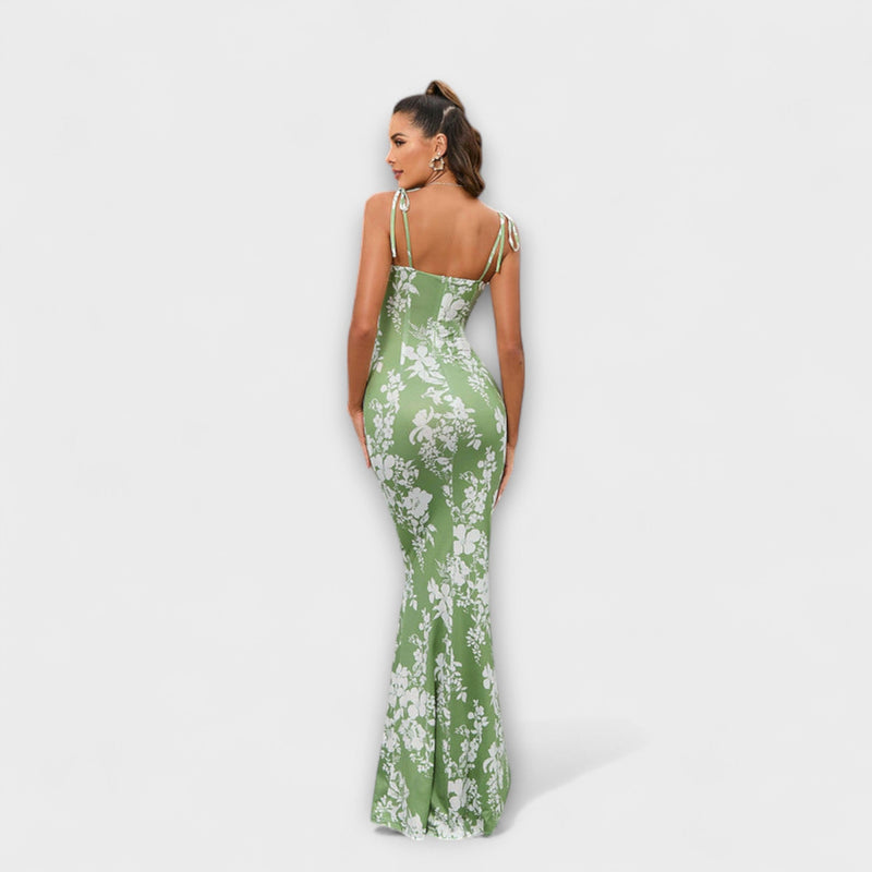 Thalia - Vestido de Prom con Estampado Floral y Tirantes Atados