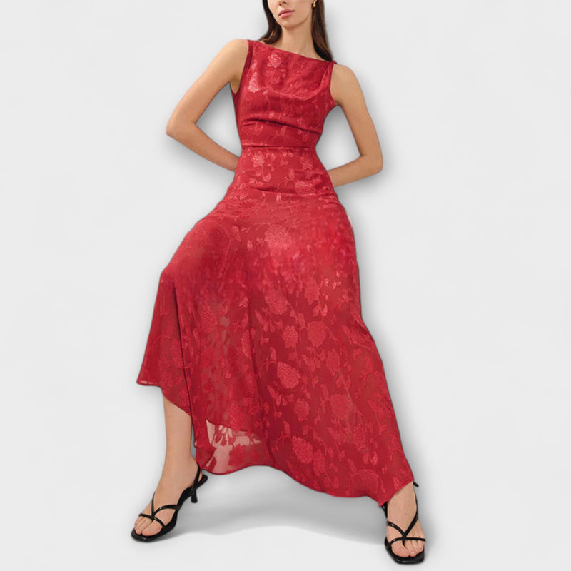 Ópalo - Elegante vestido maxi de jacquard con espalda descubierta