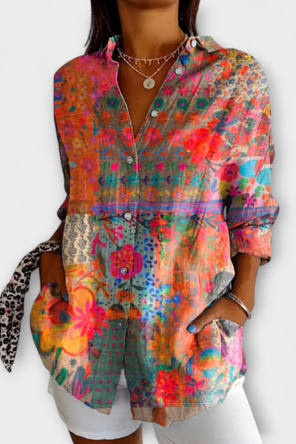 Camisa de Mujer con Estampado de Flores y Mangas Largas