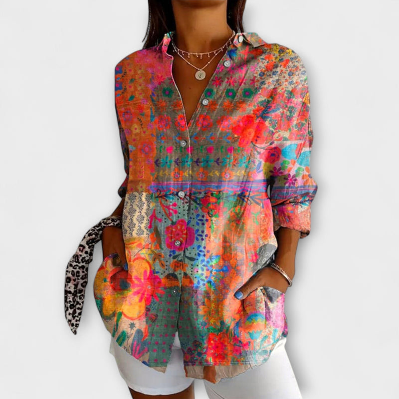 Camisa de Mujer con Estampado de Flores y Mangas Largas