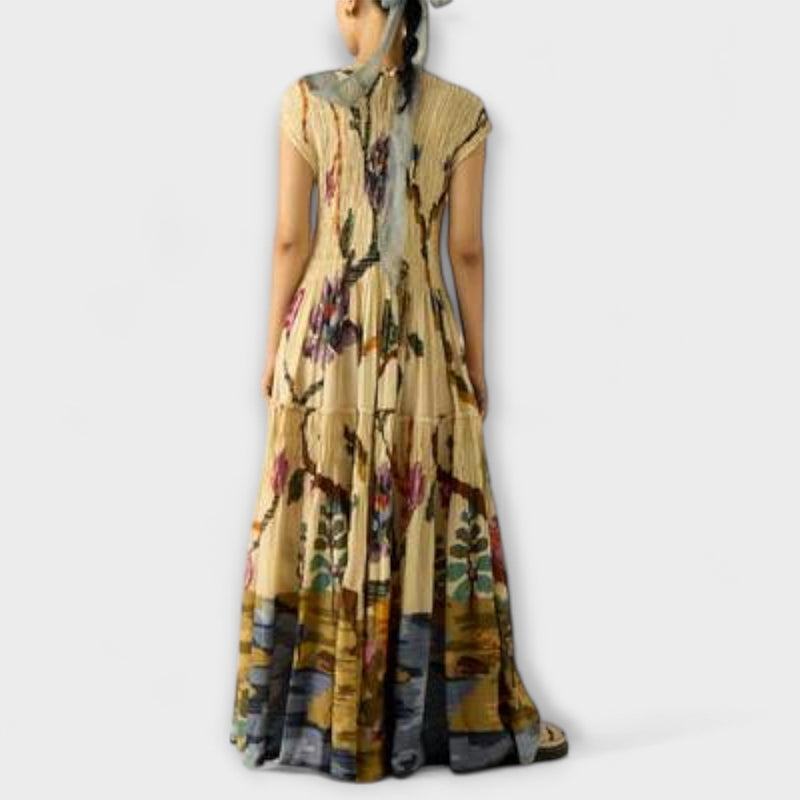 Amanda - Vestido maxi con diseño de estampado plisado