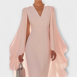Rachel - Vestido midi color rosa con escote en V y mangas de gasa