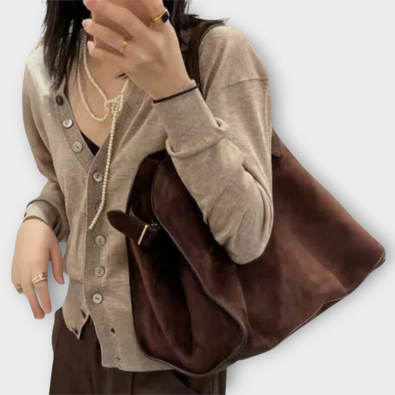 Lorbel - Bolso de mano de cuero ante marrón para mujeres