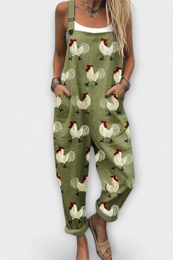 Brigitte - Pantalón de tirantes clásico con motivo de gallinas