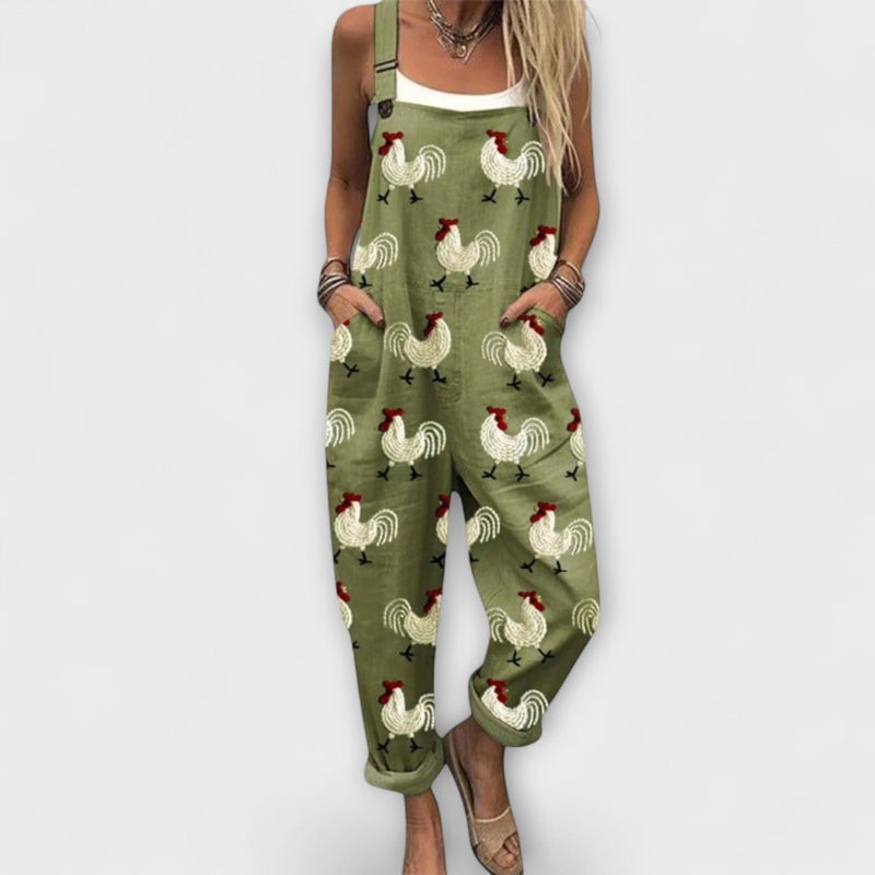 Brigitte - Pantalón de tirantes clásico con motivo de gallinas